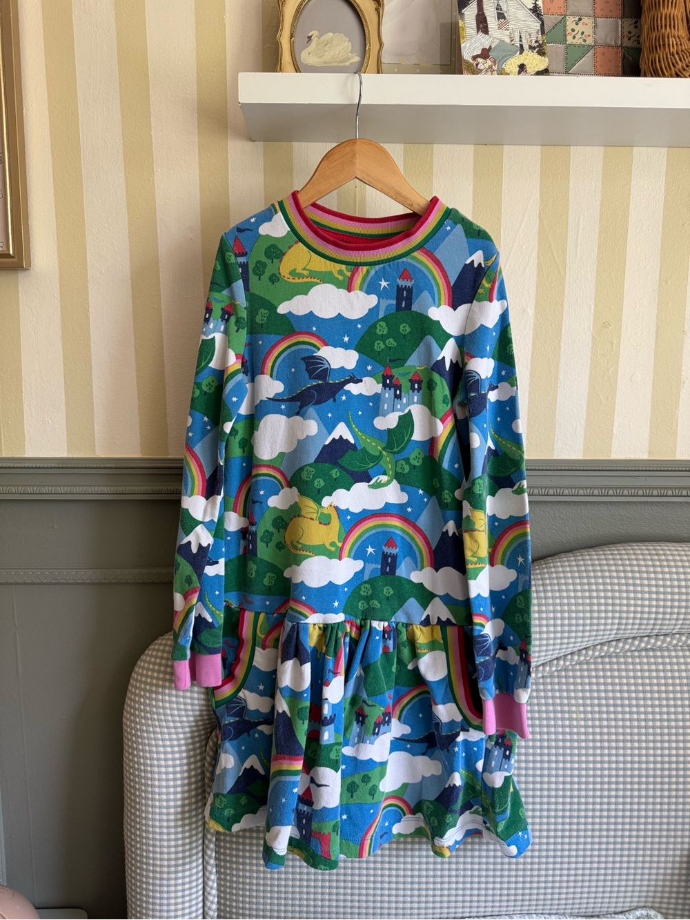 Mini Boden Girls' Rainbow & Castle Long Sleeve Dress - Multicolor